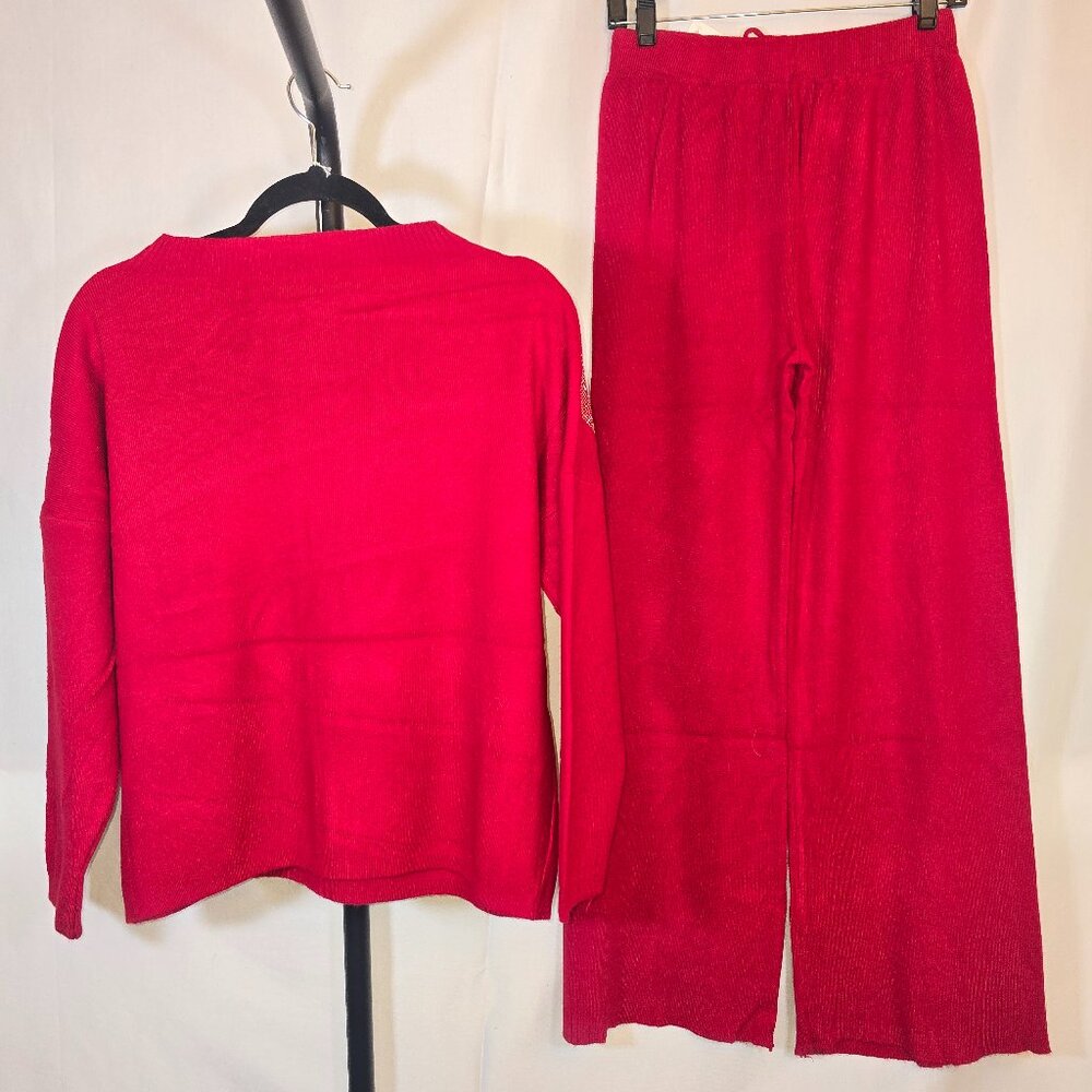 Red Mock Neck Rhinestone Design Rib Knit Pantsuit - Picture 2 of 2